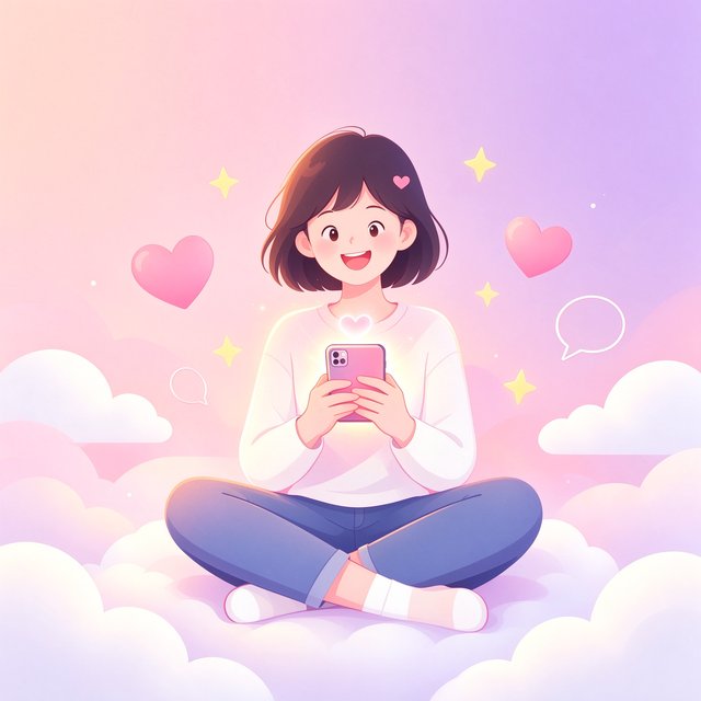 AI聊天软件产品介绍插画：短发少女坐在云朵上捧着手机开心聊天，四周漂浮爱心星星